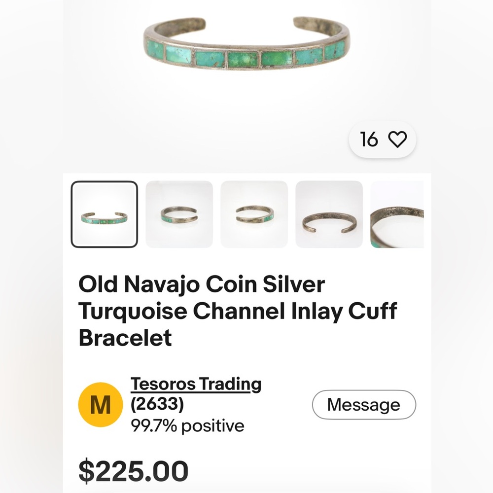 Old Navajo Turquoise Inlay Coin Silver Cuff Bracelet - Green Blue - Picture 14 of 15